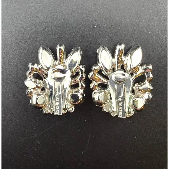Eisenberg Vintage Rhinestone Clip-On Earrings  Floral Silver-Tone Statement READ - Picture 6 of 11